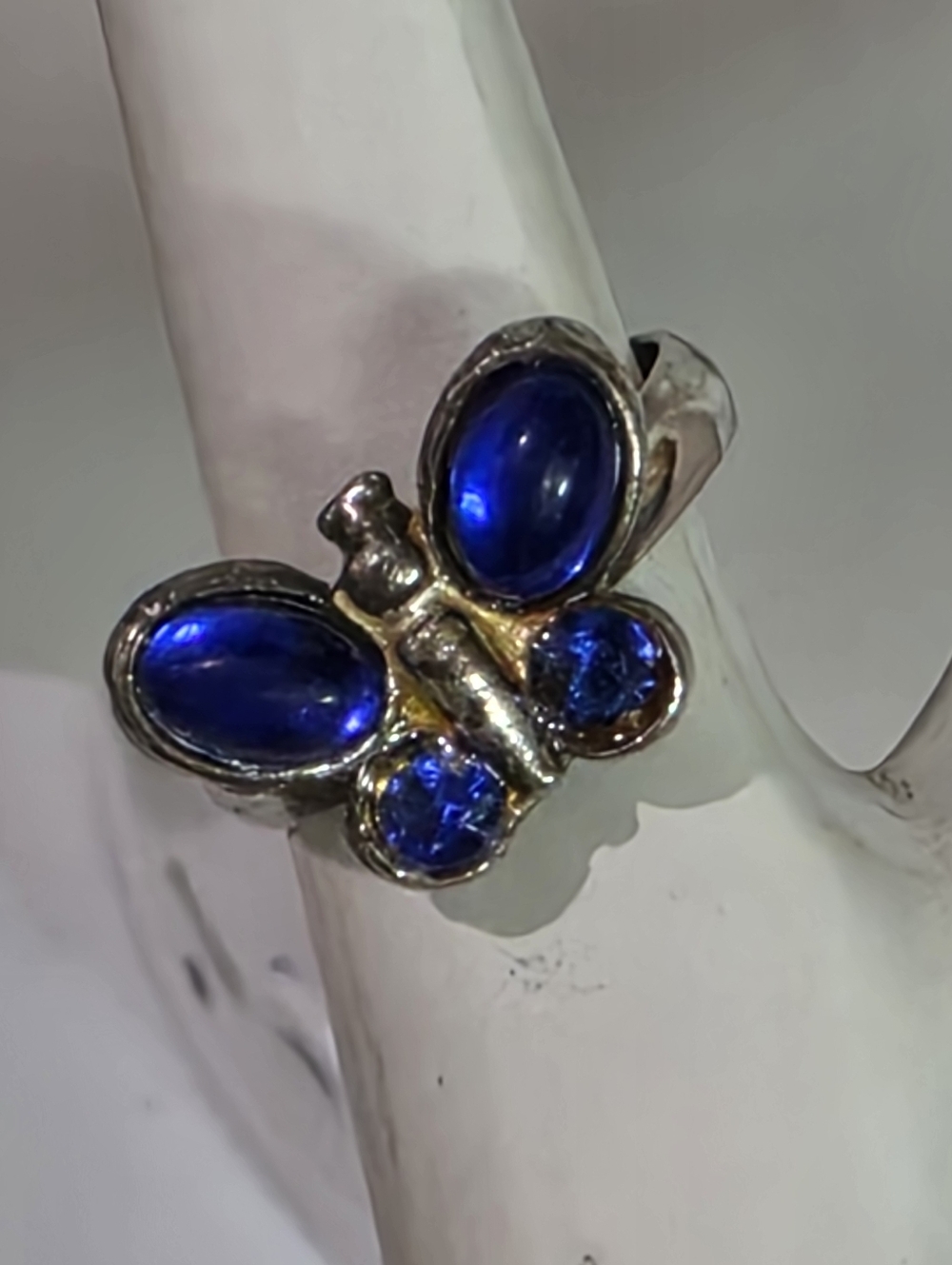 Silver Butterfly Ring with Deep Blue Cabochon and Crystal Accents Adjustable
